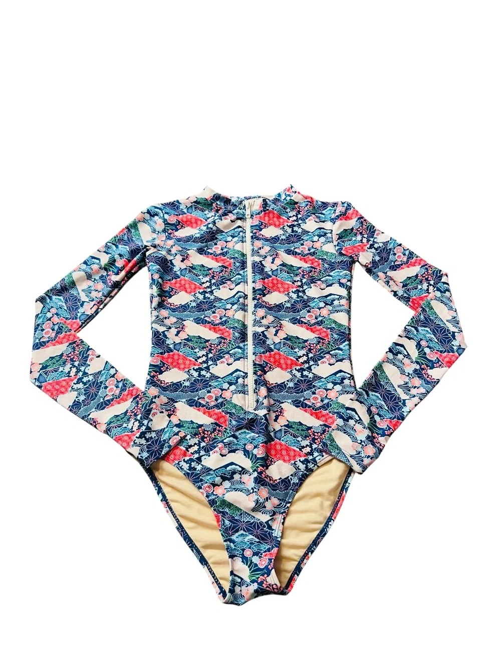 Mott50 Long-Sleeve Floral Wave One-Piece Swimsuit - Blue/Red/Teal